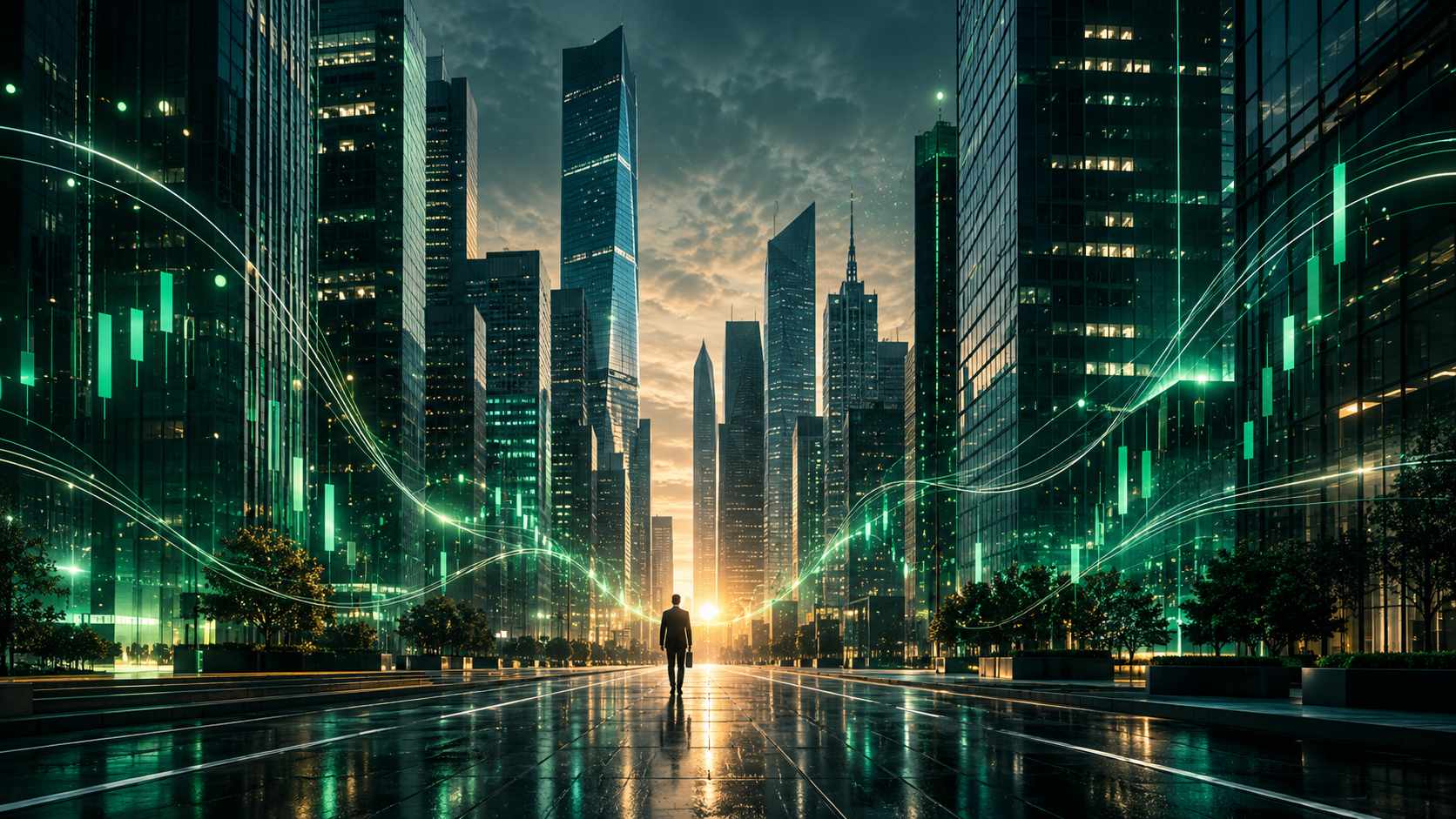 Financial district street with tall skyscrapers at dusk
